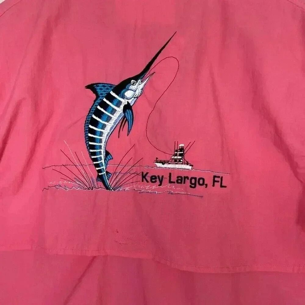 Key Largo Florida Marlin Spicy Tuna Fishing Button Up Embroidered Shirt Mens Med - Picture 2 of 15